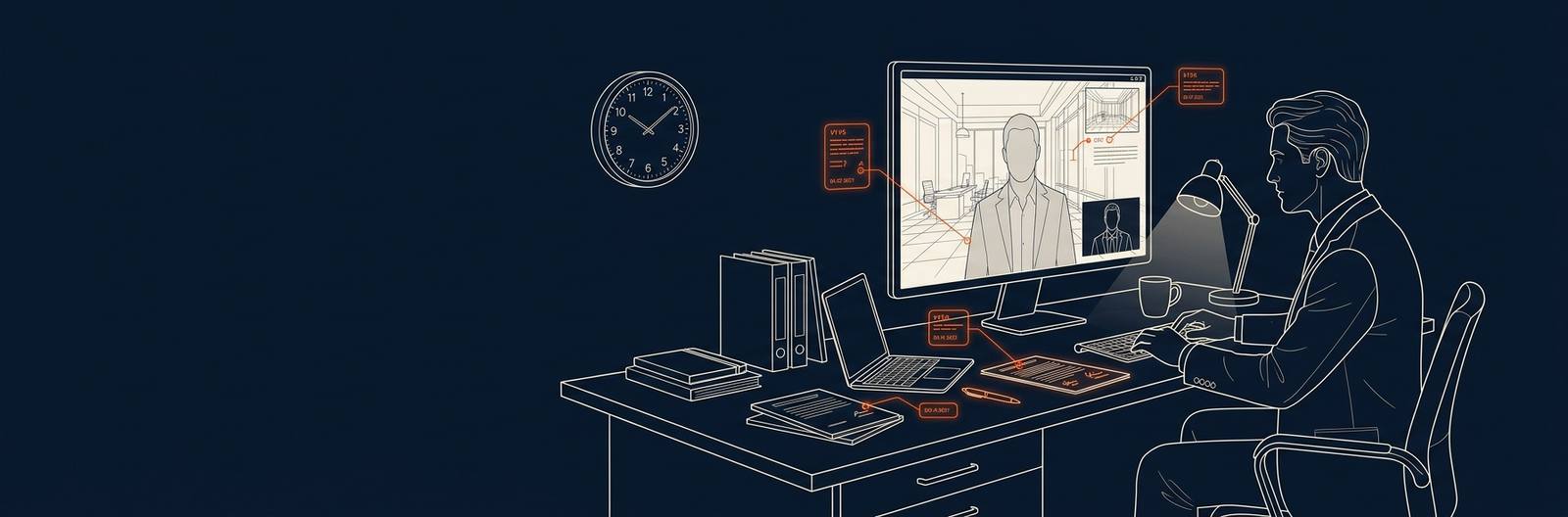 Wireframe scene: a lawyer at a desk at night on a video call with a client in daylight in another city