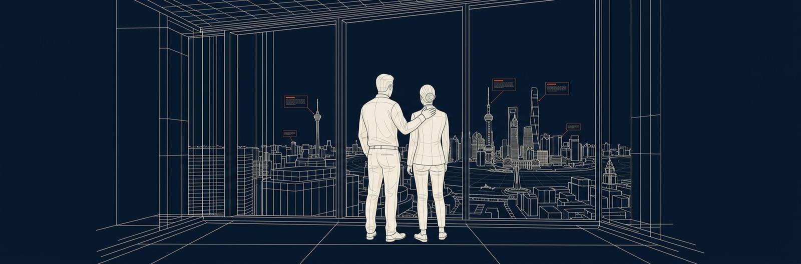 Wireframe scene: two people at a window looking out over a city at night